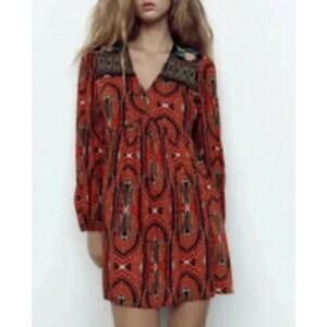 ZARA Boho Paisley Mini Dress Red Floral Embroidered Yoke Size S/M